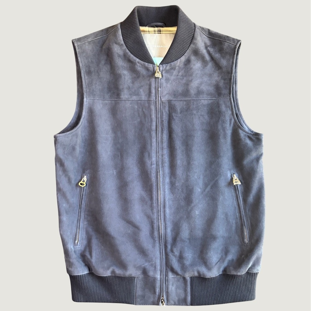 Neiman Marcus Mens Vest M Navy Blue Goat Suede Leather Baseball Full Zip Proto